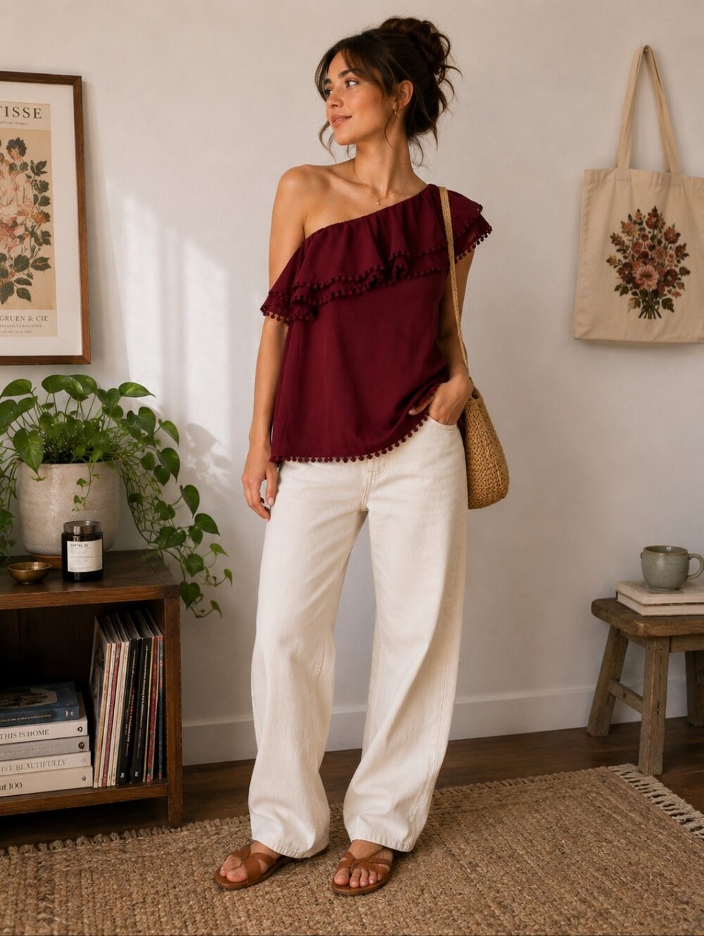 Aqua Size Small Red Pom Pom Trim One Shoulder Blouse